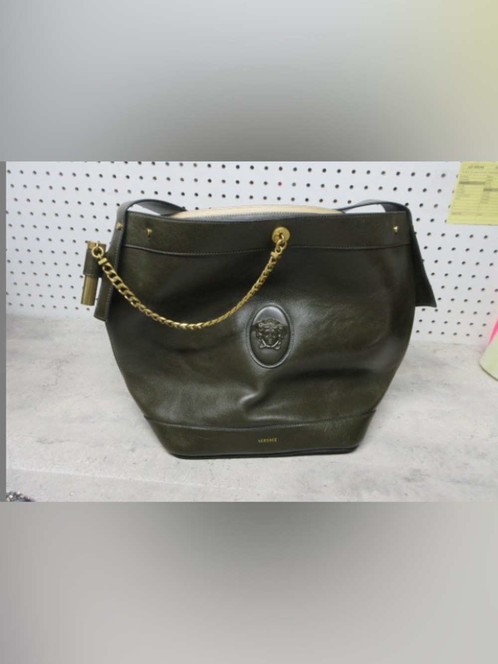 Versace Olive Green Leather Shoulder Bag with Gold Chain Strap